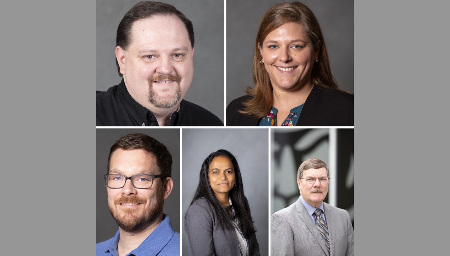 The APSU College of STEM’s newest tenured faculty pictured clockwise from top left: Matthew Anderson, Dr. Catherine Haase, Dr. Erik Haroldson, Dr. Anuradha Pathiranage and Charles Weigandt.