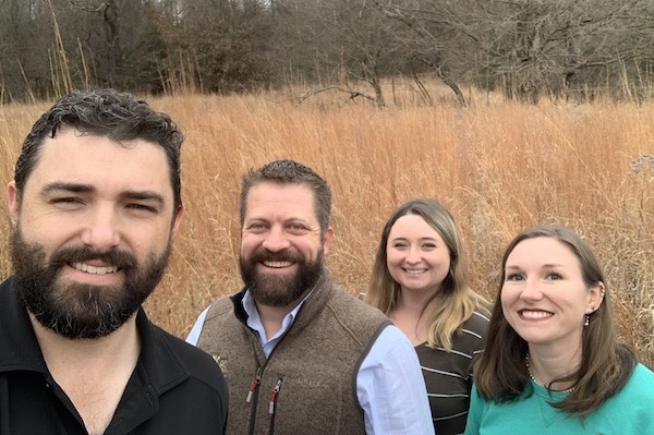 From left: Dwayne Estes, APSU professor and Director for the Southeastern Grasslands Initiative; Tim Caughran, Quail Forever Director of Field Operations, Megan Hart, Quail Forever/SGI Grasslands RCPP Farm Bill Biologist; and Brittney Viers, Quail Forever/SGI Grasslands RCPP Coordinating Biologist