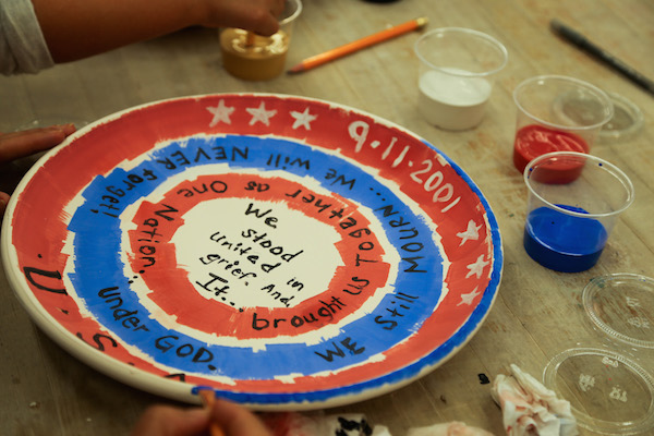 A ceramic plate decorated to commemorate the 9/11 anniversary