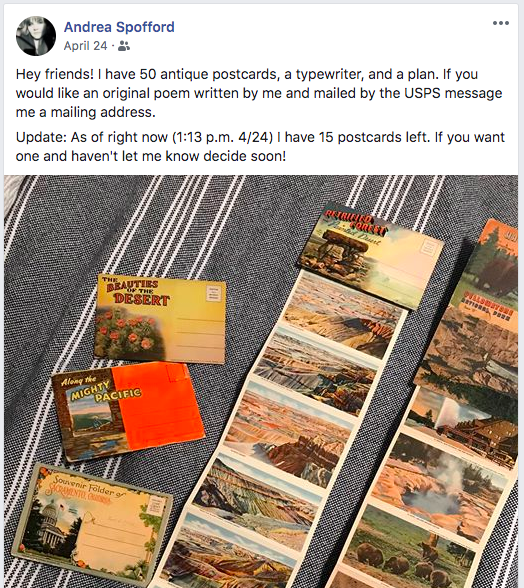 Andrea Spofford had 50 antique postcards, a typewriter and a plan. A poet, essayist and Austin Peay State University associate professor of English, Dr. Spofford created her plan in mid-March, around the time most states shut down in response to the COVID-19 pandemic. “As I thought about what it means to be socially distant, I also thought about how we make connections,” she wrote in Journal Nine recently. Spofford announced the project on Facebook: “I have 50 antique postcards, a typewriter, and a plan. If you would like an original poem written by me and mailed by the USPS, message me a mailing address.” Friends and families quickly claimed all the postcards, which she bought from an antique store she frequented during graduate school. “I wanted to reach out, to make art and to continue forging those connections that were so suddenly disrupted,” Spofford wrote for Journal Nine. She typed her poems on a collection of Curt Teich & Co. postcards from 1900-1940 that featured landscapes and national parks. She mailed them all over the country, from Clarksville to Arizona, Louisiana and California. Journal Nine – the quarterly online poetry journal noted above – published several of the postcards and poems. You can read about Spofford’s creative process and how she typed the poems without revision – despite her perfectionist needs – at https://www.journalnine.com//andrea-spofford. To learn more about APSU’s Department of Languages and Literature, go to https://www.apsu.edu/langlit/.