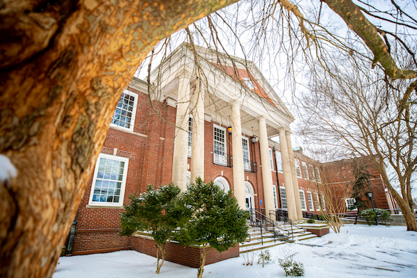 The Clement Building in the snow.