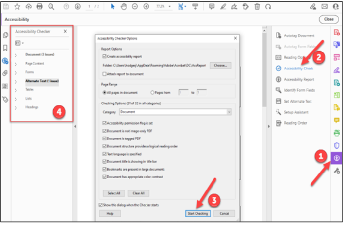 Steps to check accessibility in Adobe Acrobat.