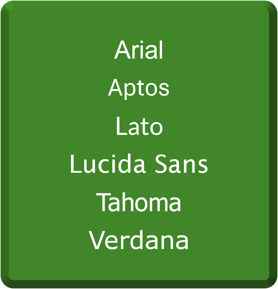 Examples of the following fonts on a green background: Arial, Aptos, Lato, Lucida Sans, Tahoma, and Verdana