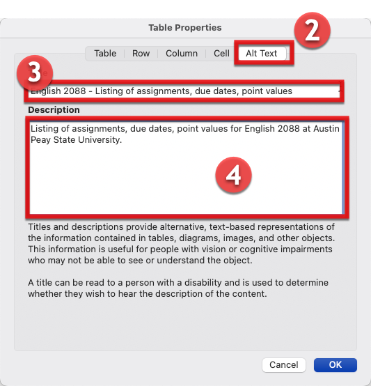 To add Alternative Text, select Alt Text, title the table, and fill in the description.