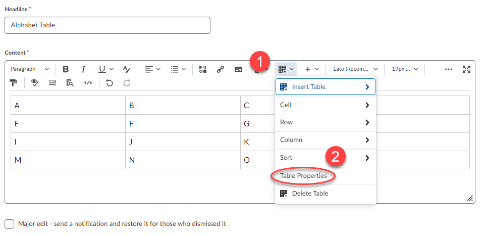 Select the table icon and table properties for the desired table.