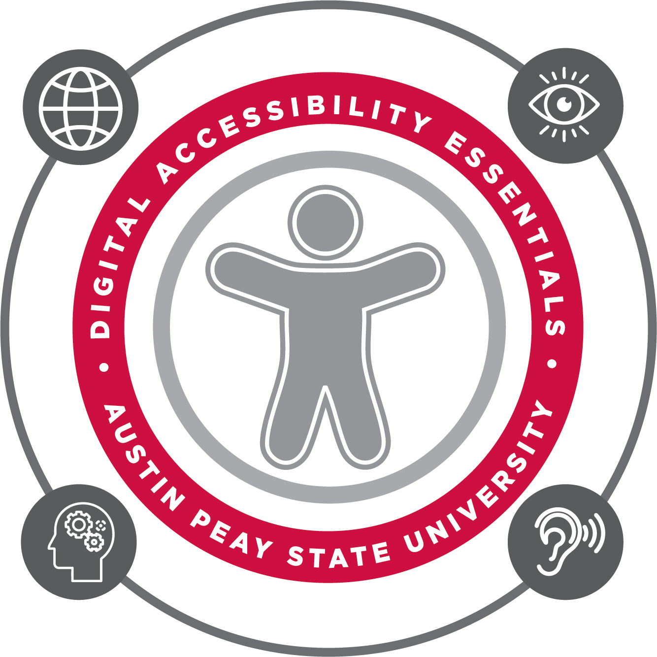 Circular logo with a central person figure surrounded by a red band containing the words 'DIGITAL ACCESSIBILITY ESSENTIALS, AUSTIN PEAY STATE UNIVERSITY,' and icons of a globe, eye, ear, and head with grey background