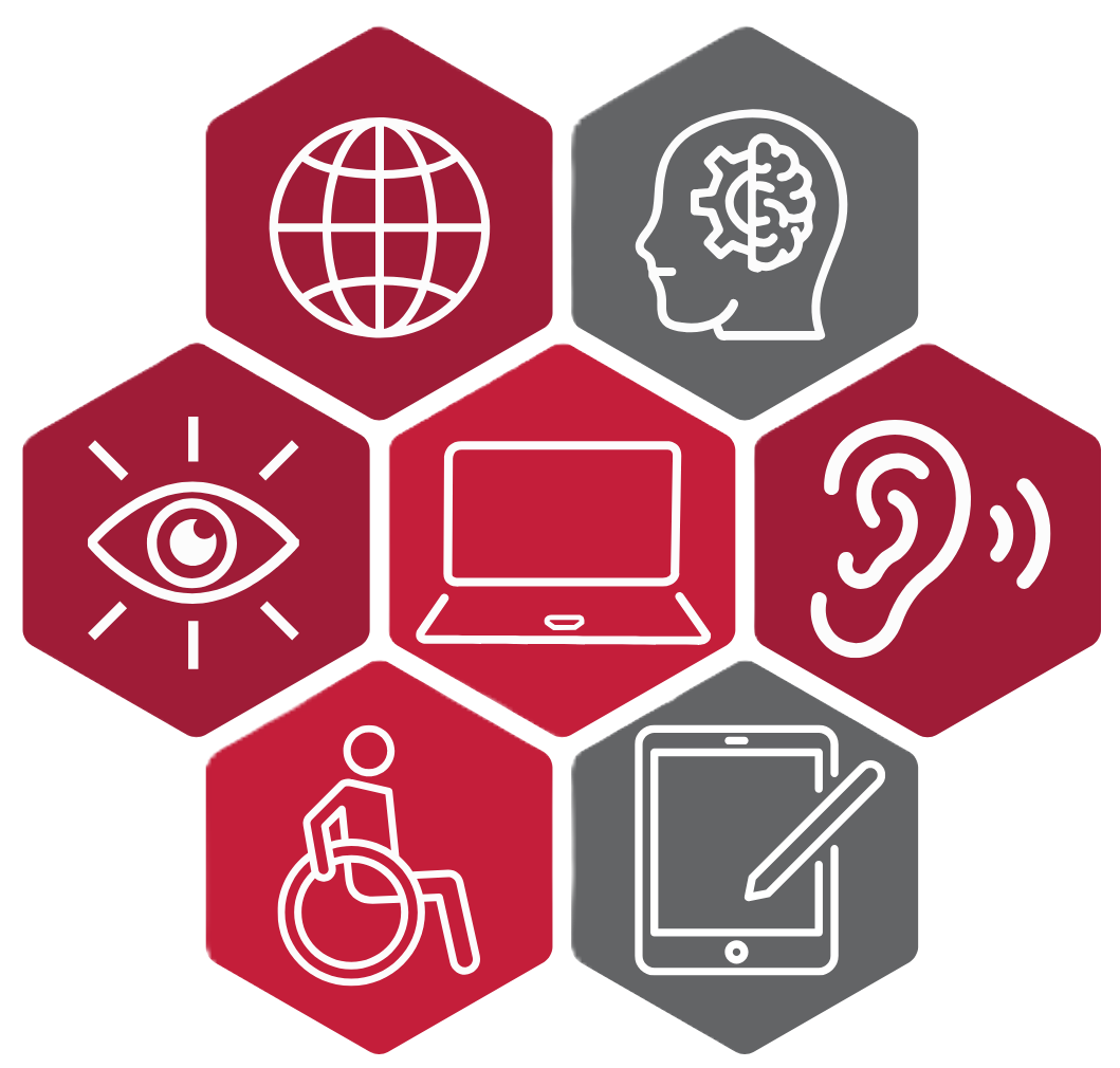 Graphic with seven red and gray hexagons with white outlines of icons for the internet, a head, an eye, a laptop, an ear, a person in a wheelchair, and a tablet with a pencil.