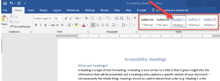 Example of how to create a header using the Styles tool in MS Word.