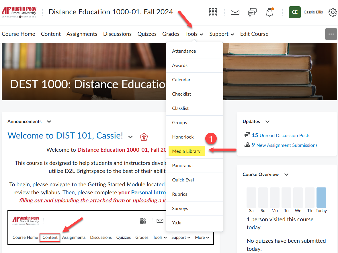 A screenshot of a D2L course with a red arrow pointing to "Tools" on the navigation bar, another red arrow pointing to "media library" and the #1 for step one