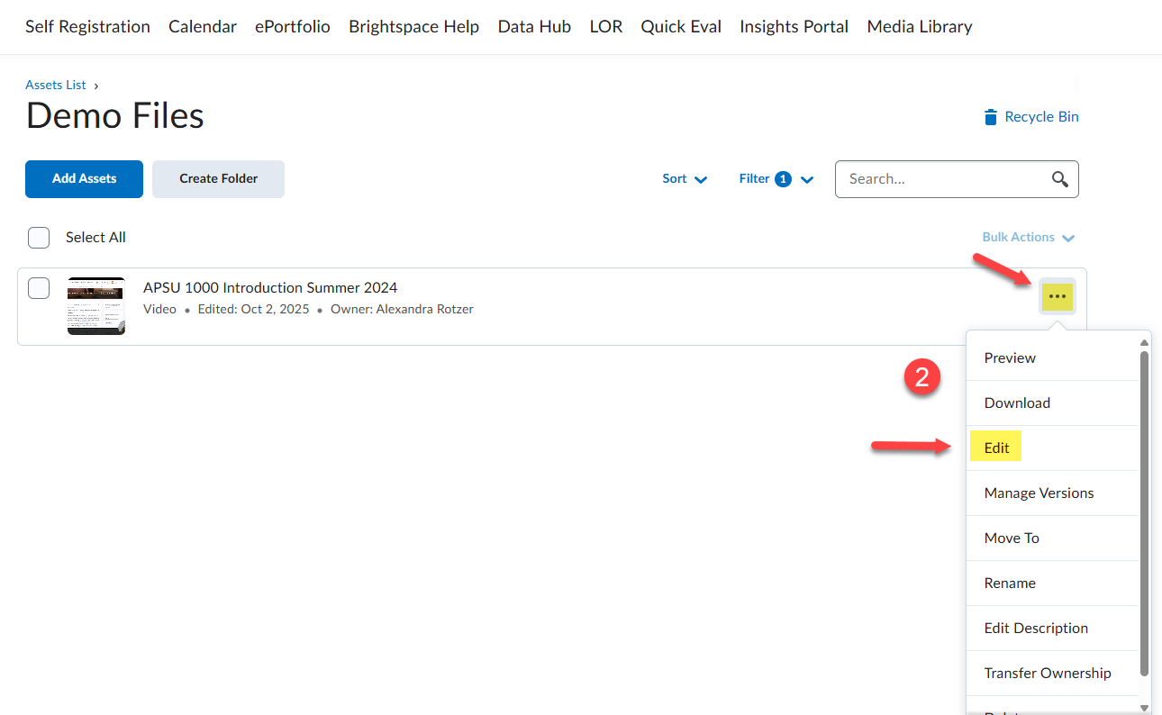 A screenshot of the step to access a video file on Media library. There is a red arrow pointing at 3 dots and another red arrow pointing a the word "edit" that is highlighted for the steps