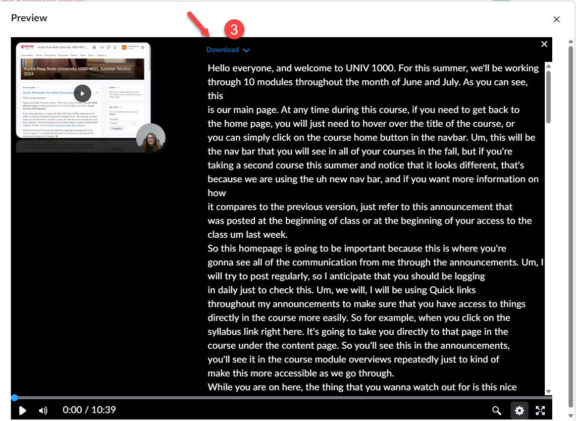 A screenshot of step 3 with a red arrow pointing to the word "download" to indicate where the user can download the transcript