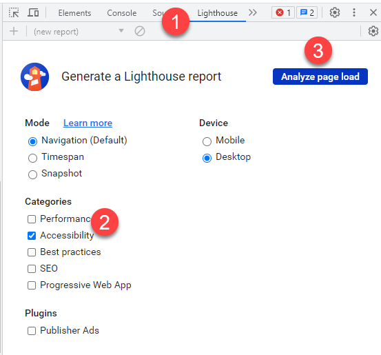 Select Lighthouse, make sure accessibility is checked, and select "analyze page load."