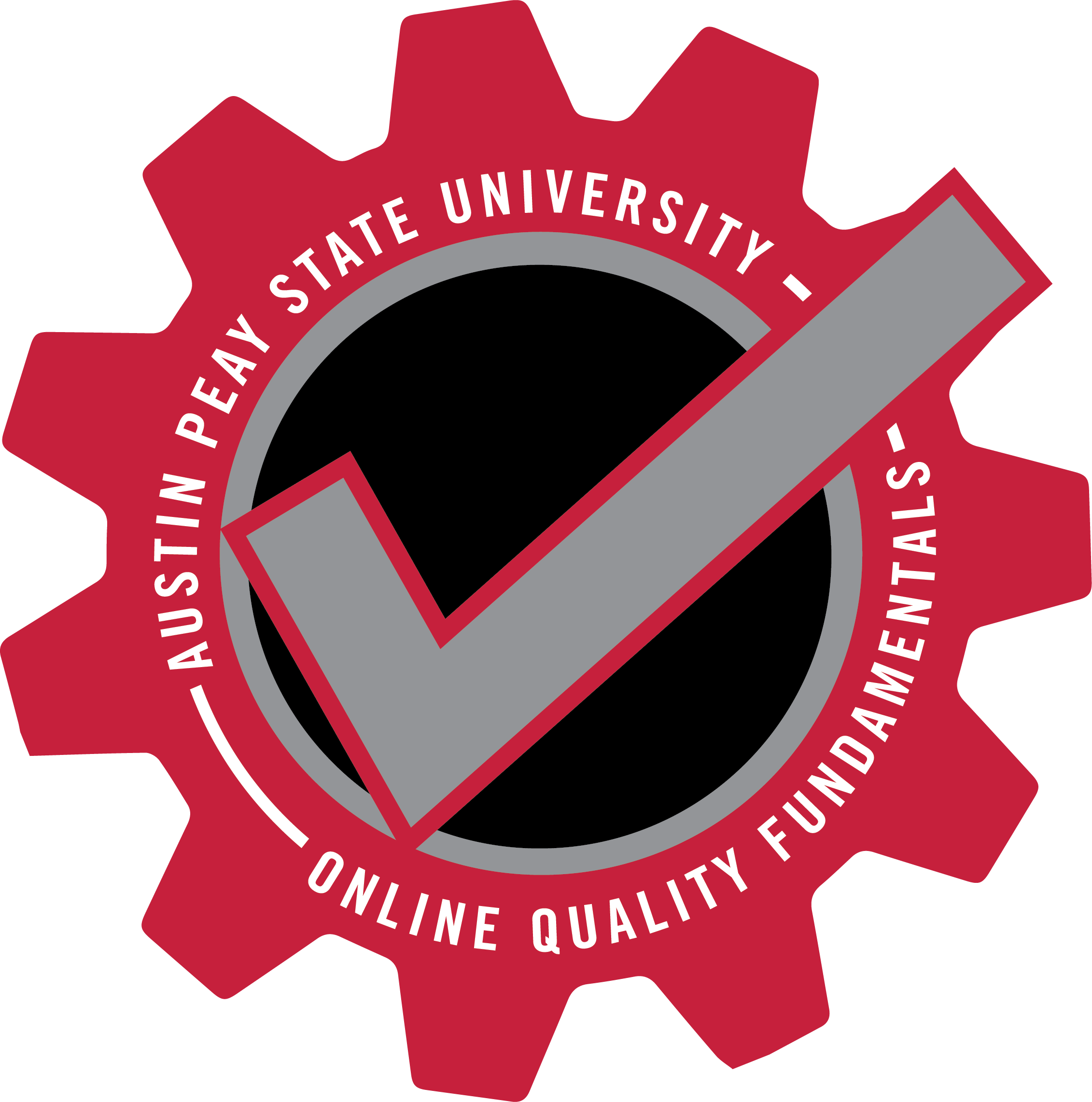 The text “Austin Peay State University Quality Online Fundamentals” is displayed in red gear with a grey checkmark outlined in red through the center.