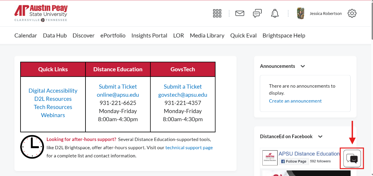 Screenshot of D2L homepage with a red arrow and red square highlighting the Lumi Chat icon