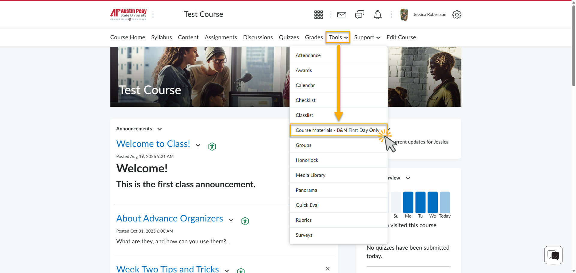 Screenshot of D2L Course Homepage with a yellow rectangle highlighting the Tools button on the navbar with a yellow arrow pointing down to the First Day textbook option.
