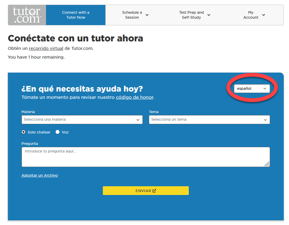 Spanish language setting in online tutoring portal