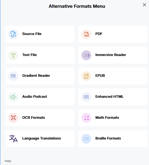 Alternative Formats Menu Alternative Formats Menu