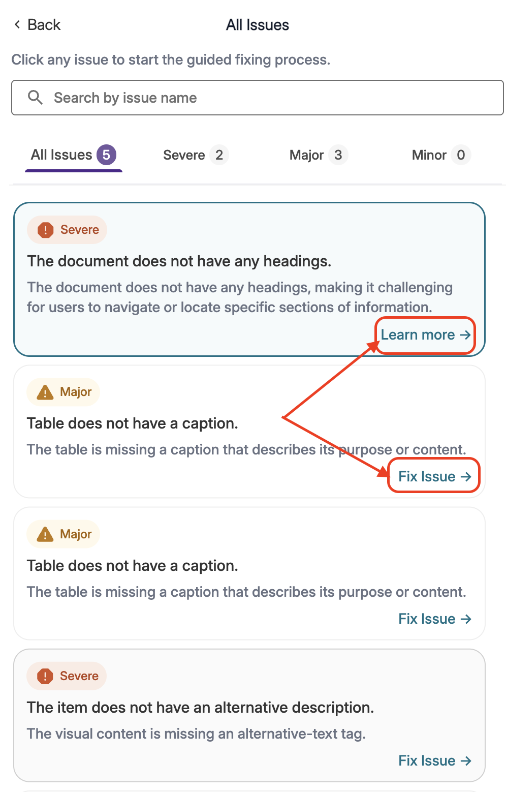 View all area of Accessibility report showing the different options to fix and learn more about issues.