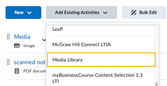 Image of the Add Existing Activities dropdown highlighting the Media Library.