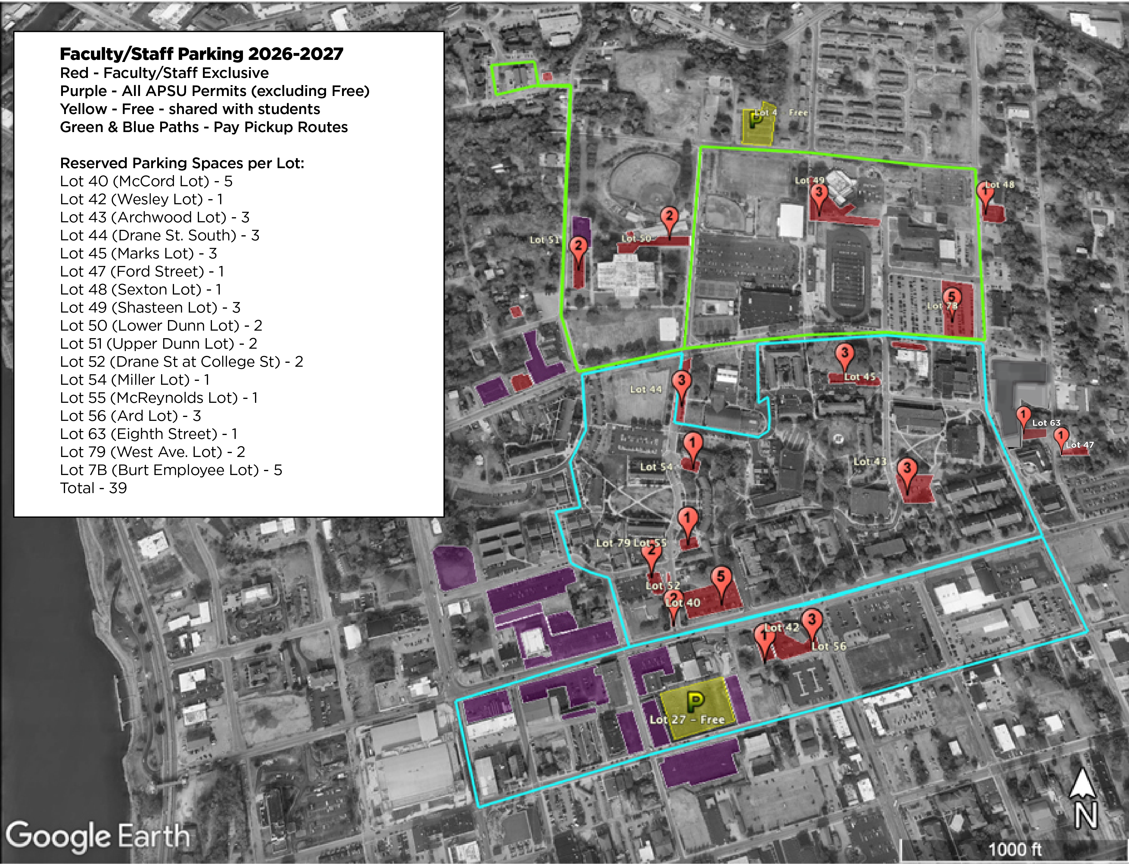 Faculty and Staff Parking options show on google map