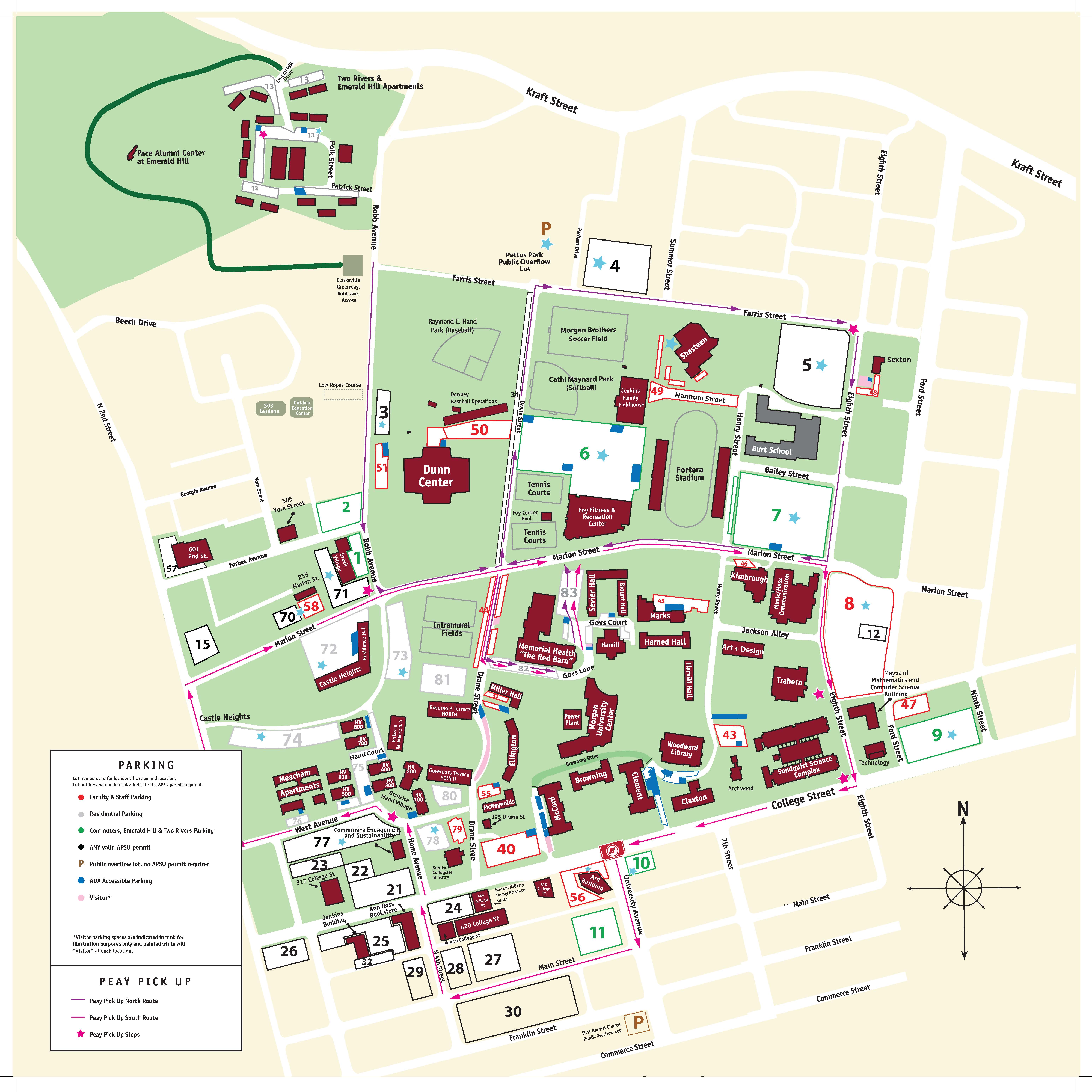 Parking and Peay Pick up route map