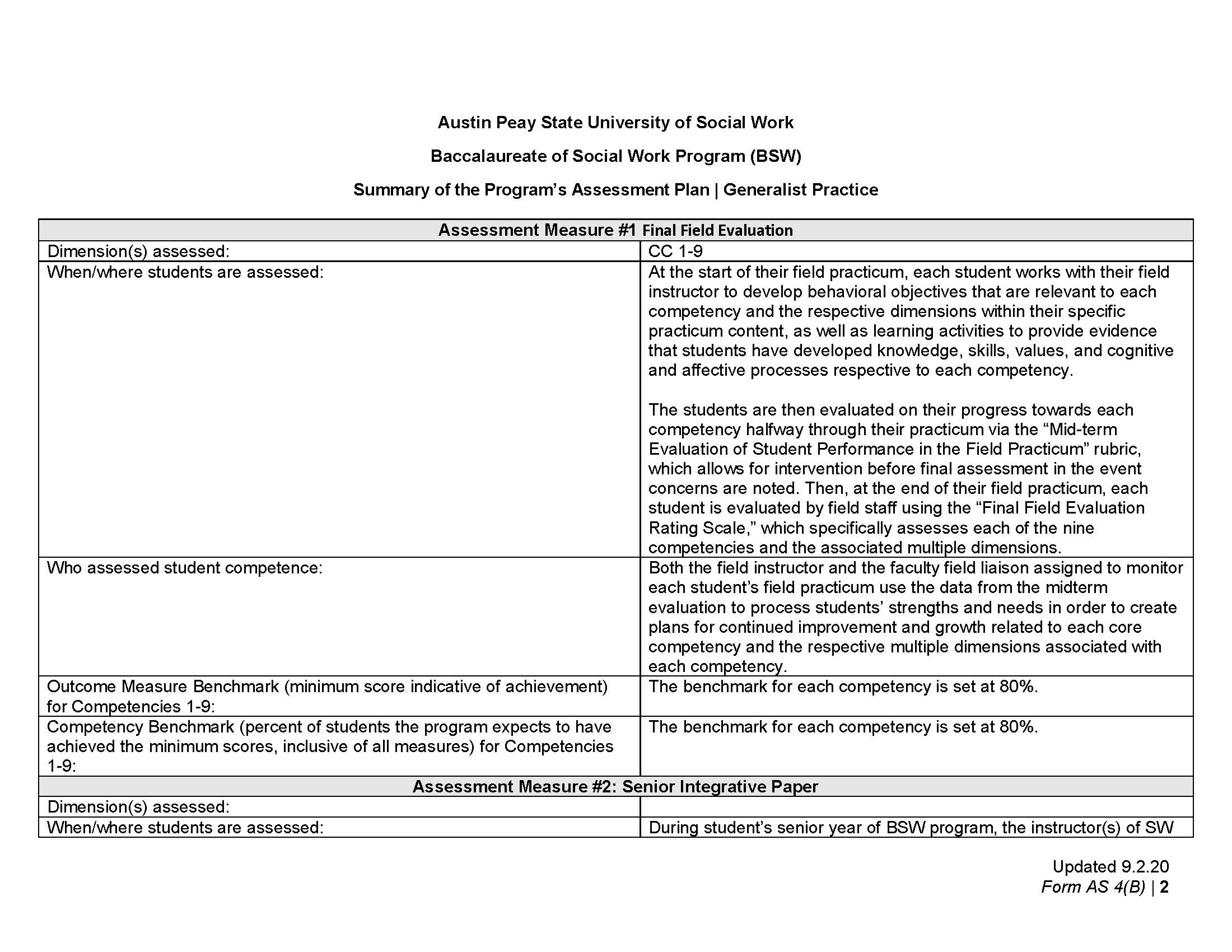 BSW Assessment Outcomes Page 2