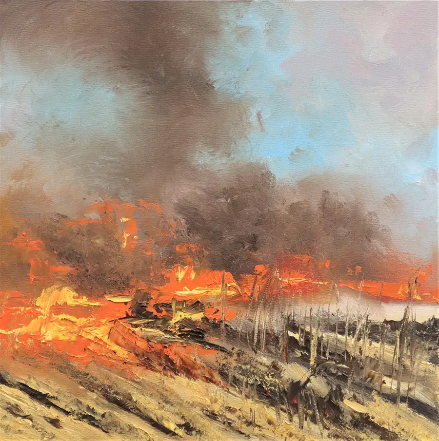 Soulaf Abas’s painting depicting a dramatic scene of a landscape engulfed in vivid hues of orange and red, suggestive of a fire or explosion. Dark smoke billows upwards, dominating the upper portion of the canvas against a muted blue and gray sky. The foreground features textured, earth-toned brushstrokes that resemble dry, barren terrain. The use of thick, impasto techniques provides a sense of movement and chaos, reflecting the artist's emotional response to turmoil.